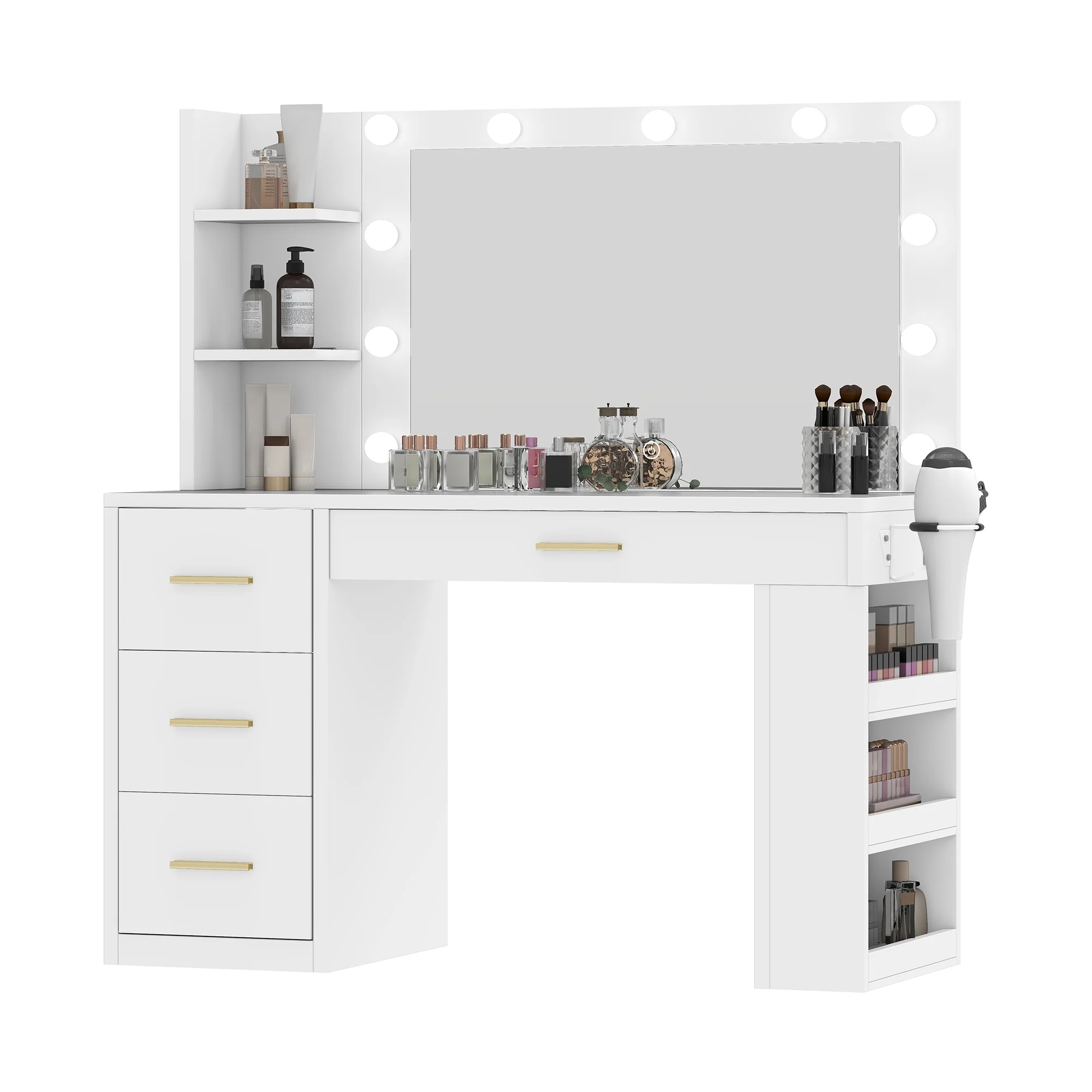 Uforic Makeup Vanity Desk with Mirror & Lights, Vanity Desk with 4 Drawers & Storage Shelves - White - Image 4