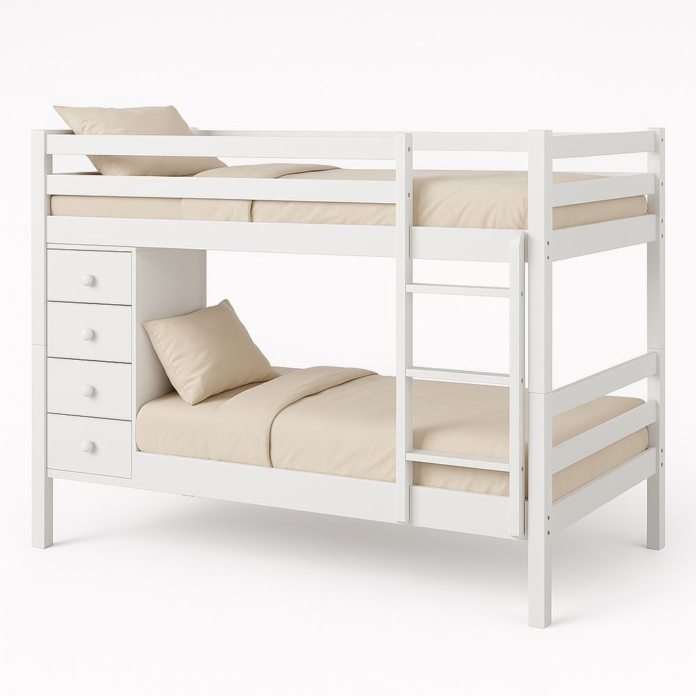 Cama literas de madera blanca con almacenamiento, estructura resistente para niños, diseño moderno y funcional, tamaño para colchón individual