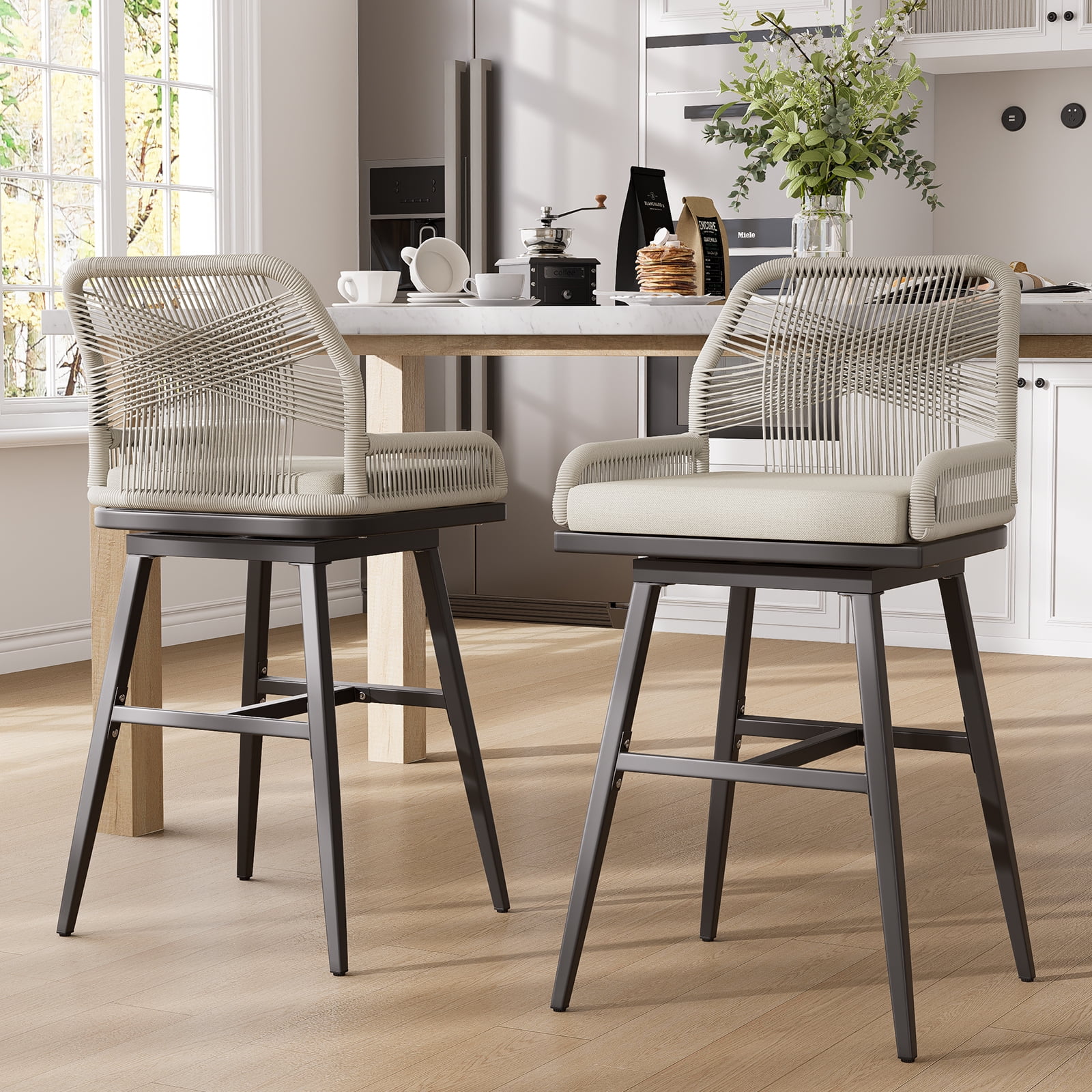 MEISSALIVVE Set of 2 Rattan Swivel Bar Stools, 26" Counter Height with Woven Rope Back, Cushioned Patio Bar Chairs for Kitchen, Garden, Beige - Image 6