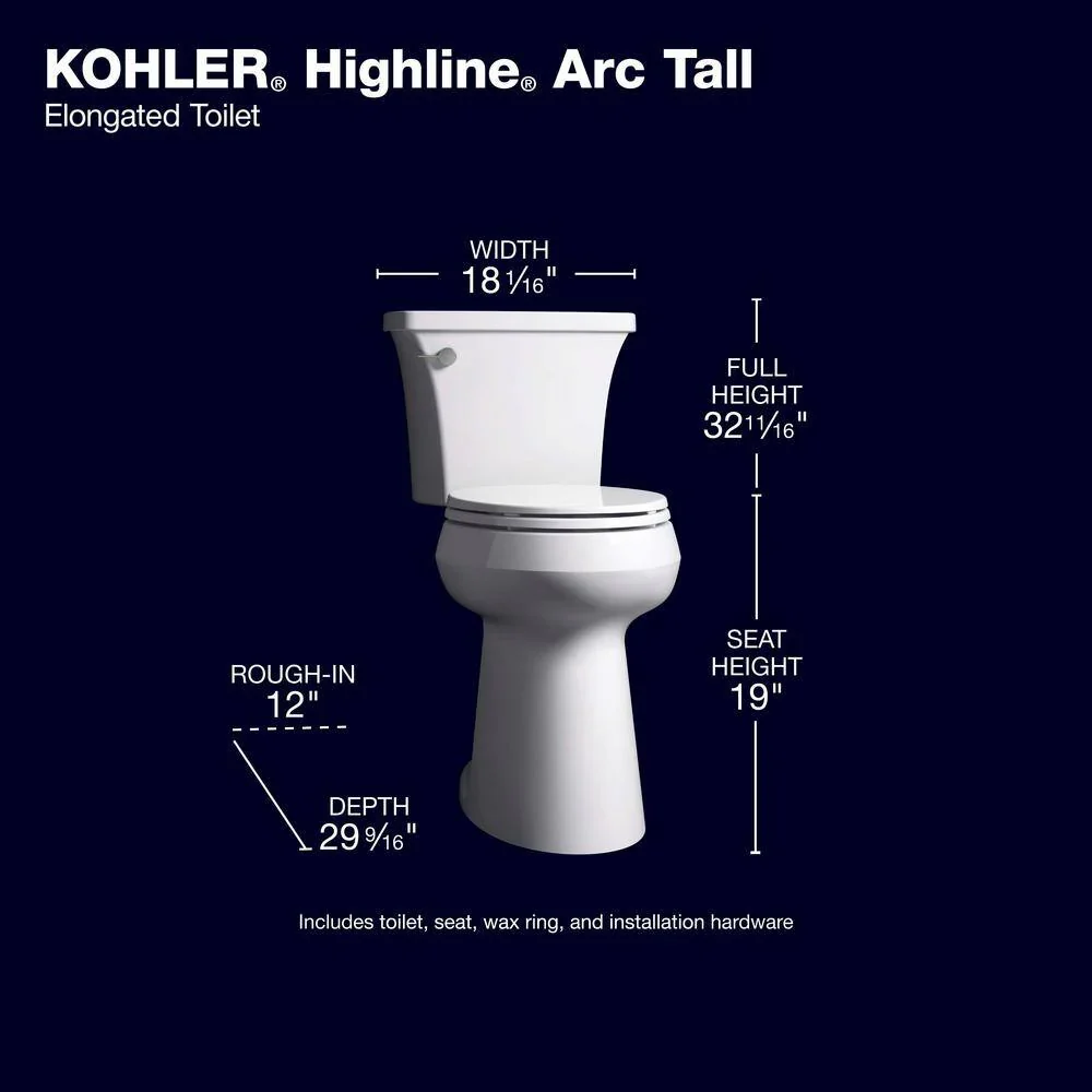 KOHLER Highline Arc Extra Tall Elongated Toilet, White, 1.28 GPF, 2-Piece - 78305-0 - Image 4 KOHLER Highline Arc Extra Tall Elongated Toilet, White, 1.28 GPF, 2-Piece - 78305-0 - Image 4