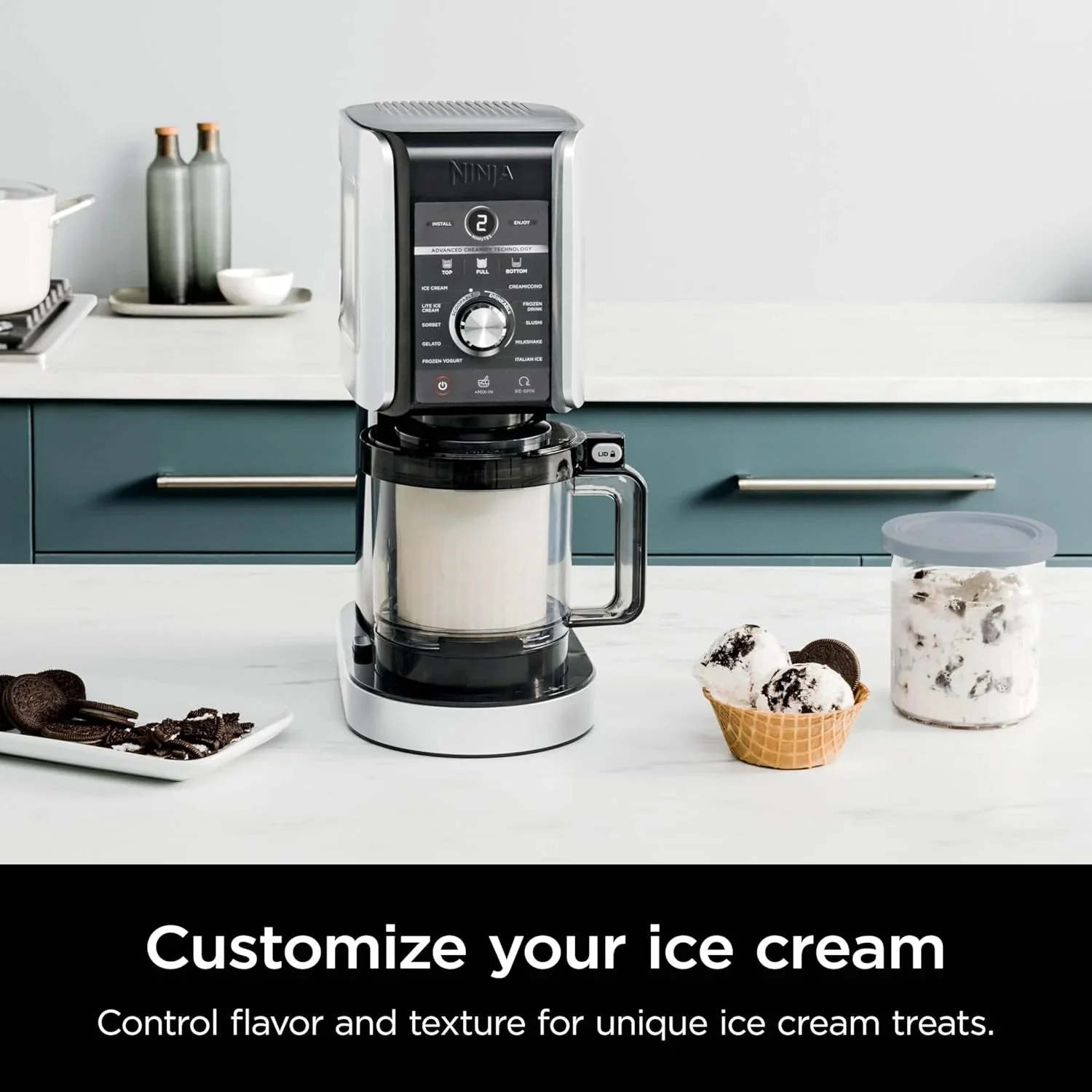 Ninja NC301 CREAMi Ice Cream Maker, for Gelato, Mix-ins, Milkshakes, Sorbet, Smoothie Bowls & More, 7 One-Touch Programs, with (2) Pint Containers & Lids, Compact Size, Perfect for Kids, Silver