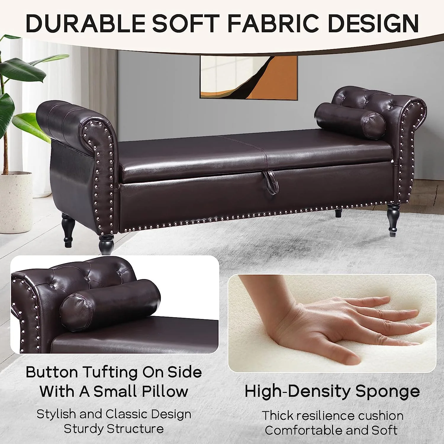 Sumdeal 43.5" Storage Ottoman Bench with 250lb Seating, Linen Upholstered Wood Legs Safety Hinge Flip Top Oval Foot Rest Long Stool for Sofa Couch Bedroom End of Bed Living Room Entryway, White - Image 113