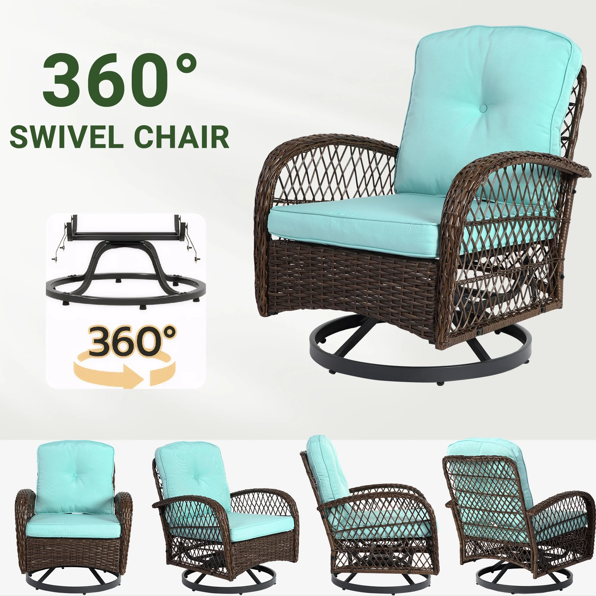 3 Piece Patio Swivel Rocker Chairs Set, 2 360-Degree Swivel Rocking Chairs with 1 Glass Top Table, PE Rattan Outdoor Bistro Set with Cushions for Balcony Deck Poolside Backyard Porch - Image 21