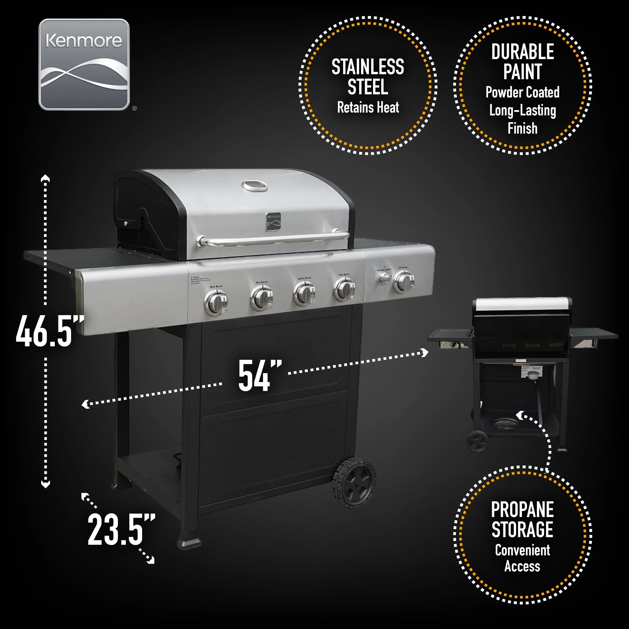Kenmore BBQ Propane Gas Grill - 5 Burners with Side Burner & Searing Zone, 644 Sq. In. Stainless Steel Grill, 66,000 BTU, Ideal for Outdoor Cooking, Patio & Backyard, Black - Image 14
