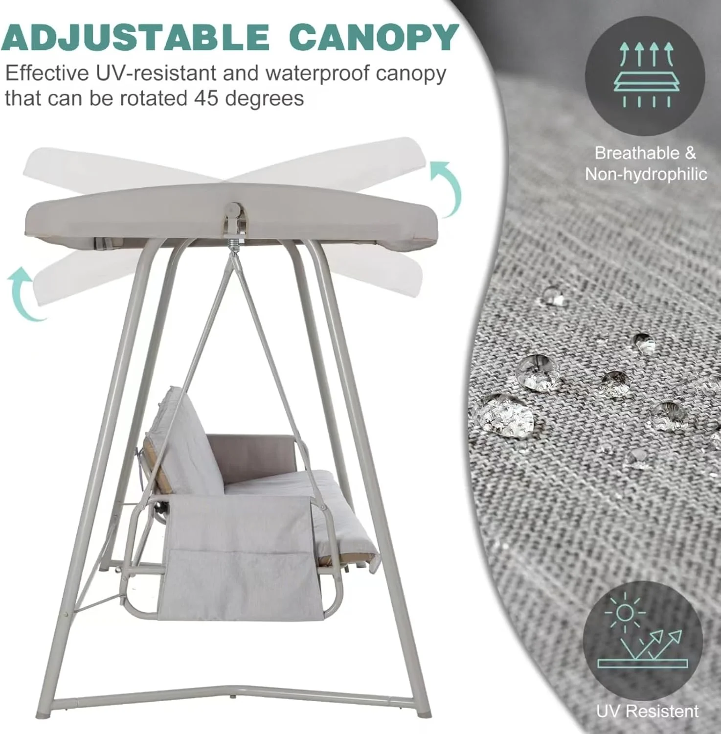 CHINNLUU Oversized 4 Person Porch Swing with Stand 800 LBS Capacity Adjustable Canopy Backrest Includes Cushions Pillows Patio 2 in 1 Swing Bed for Backyard Garden Poolside, Champagne - Image 10