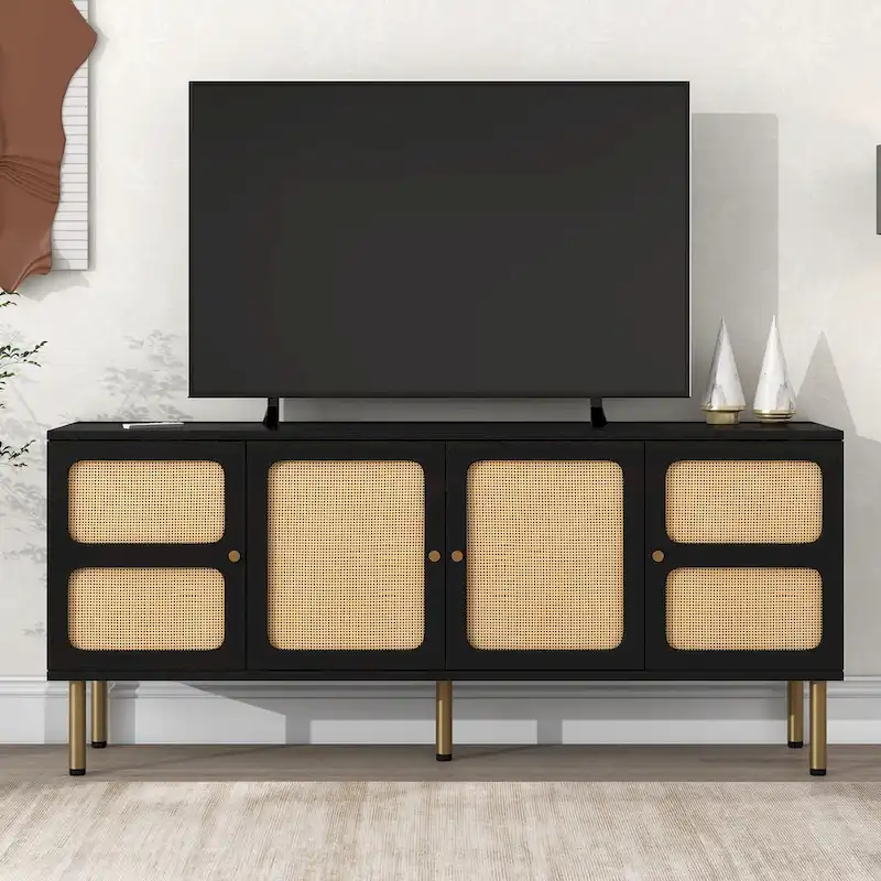 Bohemian Country Wood and Rattan TV Stand Media Console Storage Cabinet - Dimensions: 16.9" x 64.9" x 28.3"
