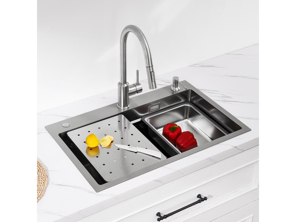 Fregadero de 1 lavabo 70×45×21,5 CM Fregadero de acero inoxidable plateado con escurridor, lavabo, dispensador de jabón + grifo de cocina monomando con ducha extraíble