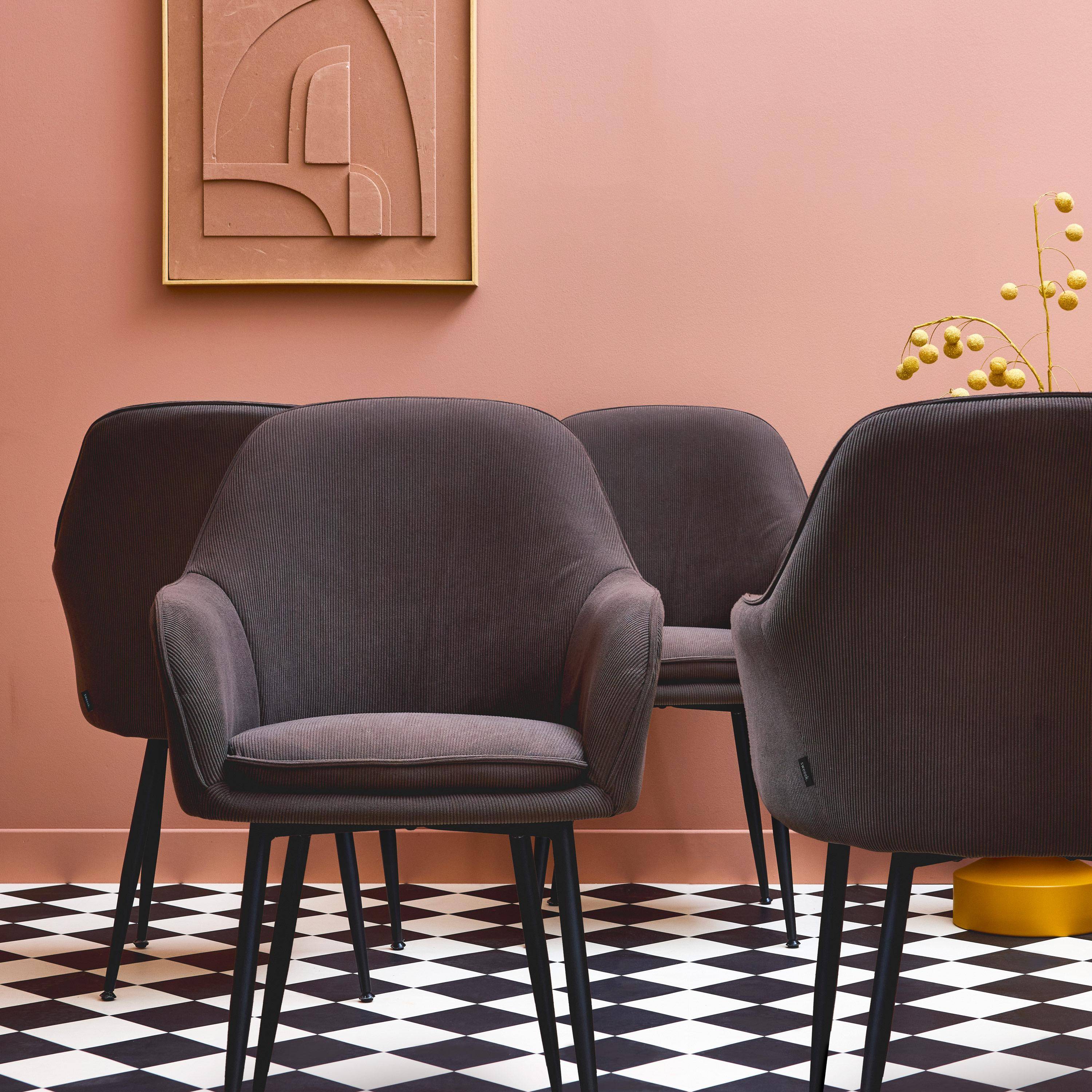 Shella - Sillón de terciopelo de canalé y patas de metal negro, set de 4