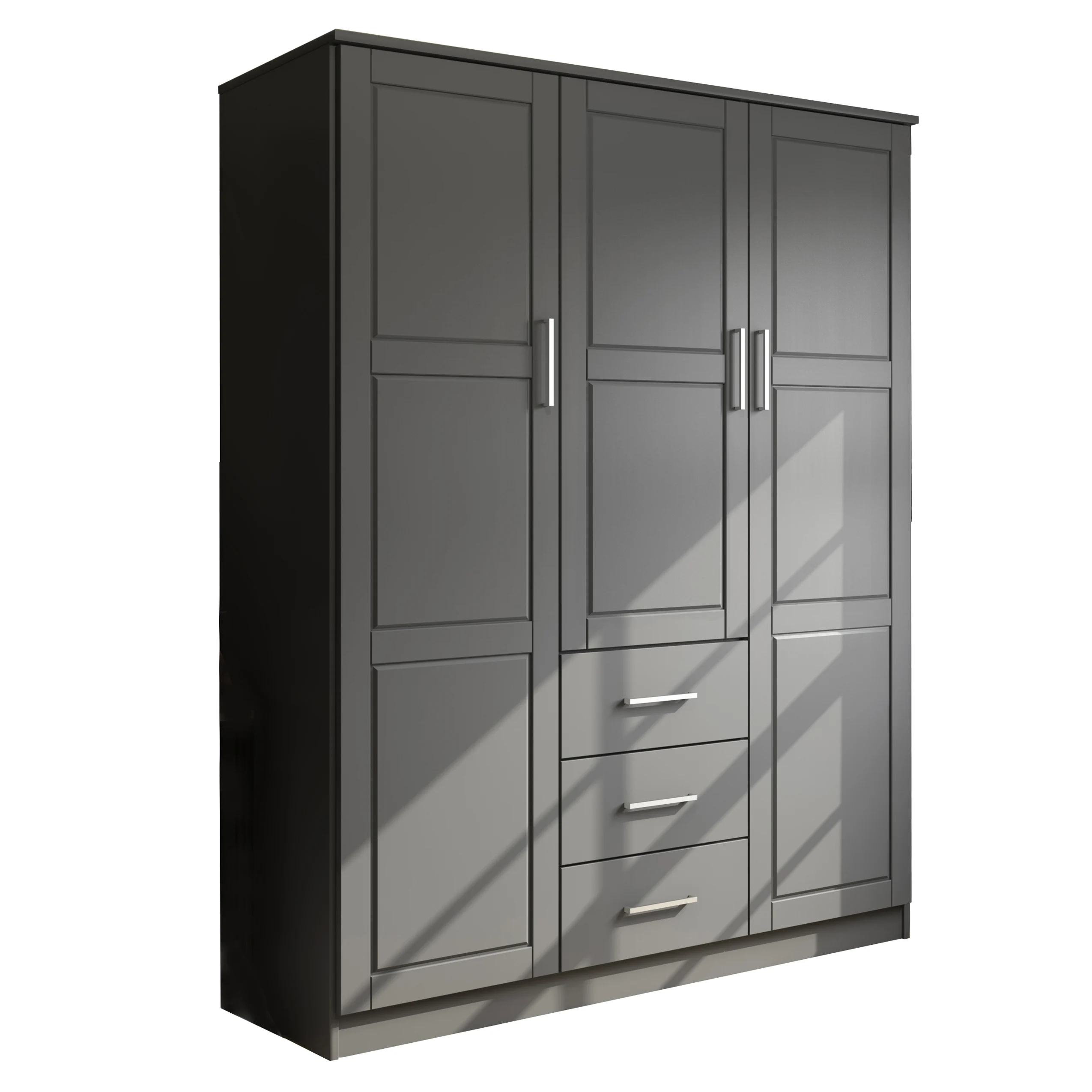 100% Solid Wood Cosmo 3-Door Wardrobe with Raised Panel Doors. Gray - Palace Imports 7115D - MadeInUSA