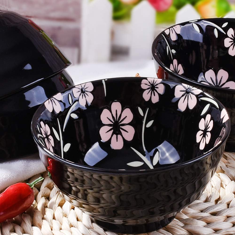 Japanese Style Rice Bowl Set of 4 Ceramic Cereal Bowls for Soup Snack Oat (4, Black Sakura)
