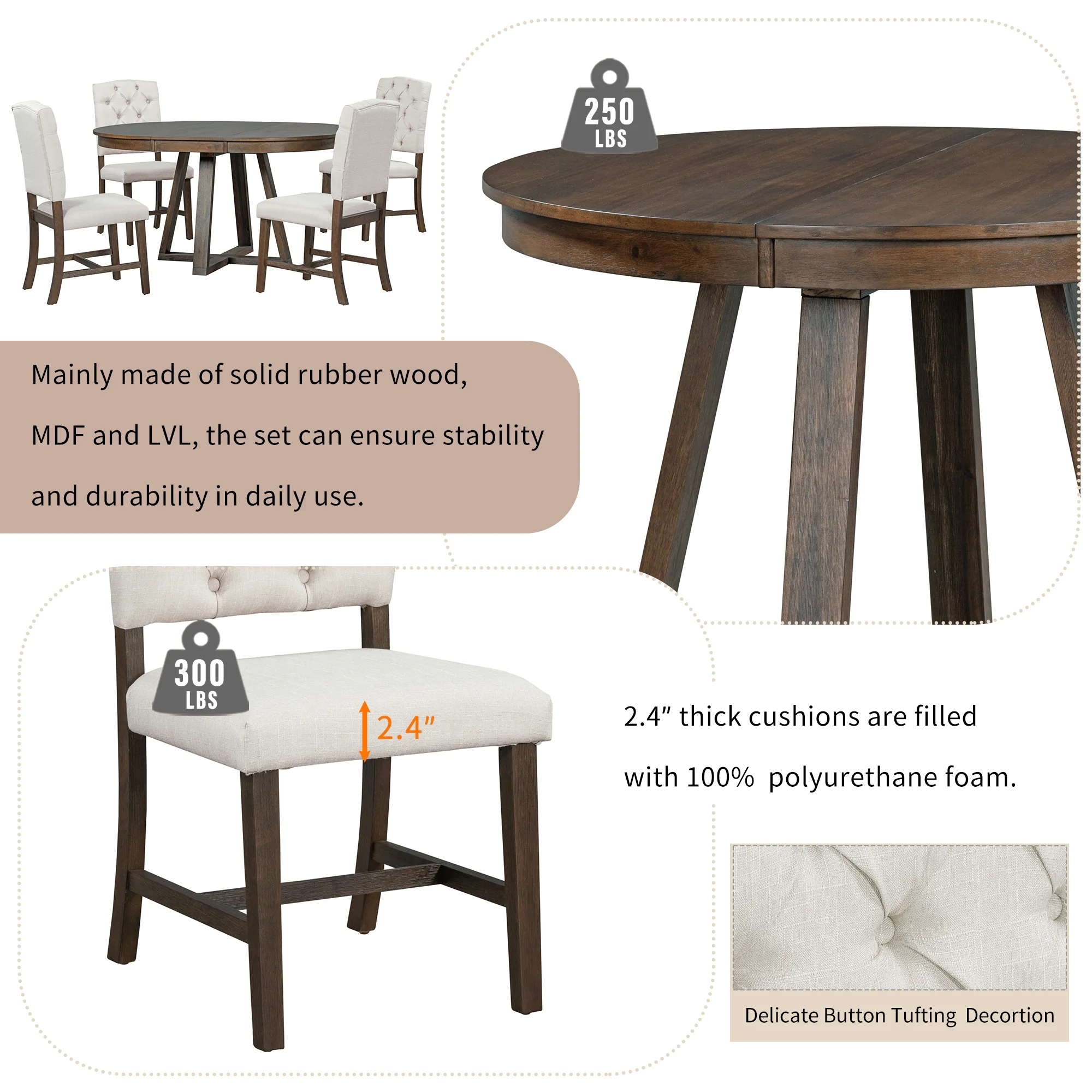 5 Piece Round Dining Table Set, Dining Room Set with Extendable Table and 4 Upholstered Chairs, Wood Dining Table Set for 4, Farmhouse Dining Table Set for Kitchen Dining Room Dorm Apartment, Brown - Image 14