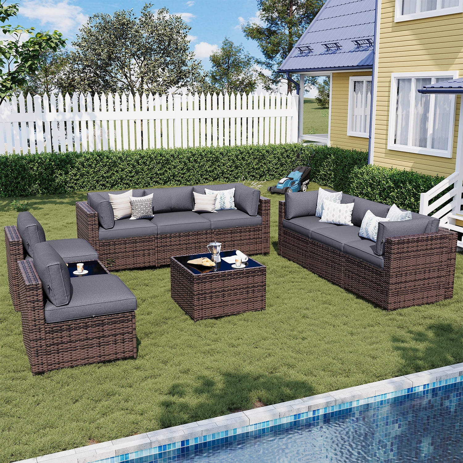 Sunmthink Patio Furniture Sets, 10-Piece Outdoor Patio Furniture with Thick Cushions, Wicker Outdoor Conversation Set and Waterproof Cover for Backyard, Poolside, Garden - Image 2