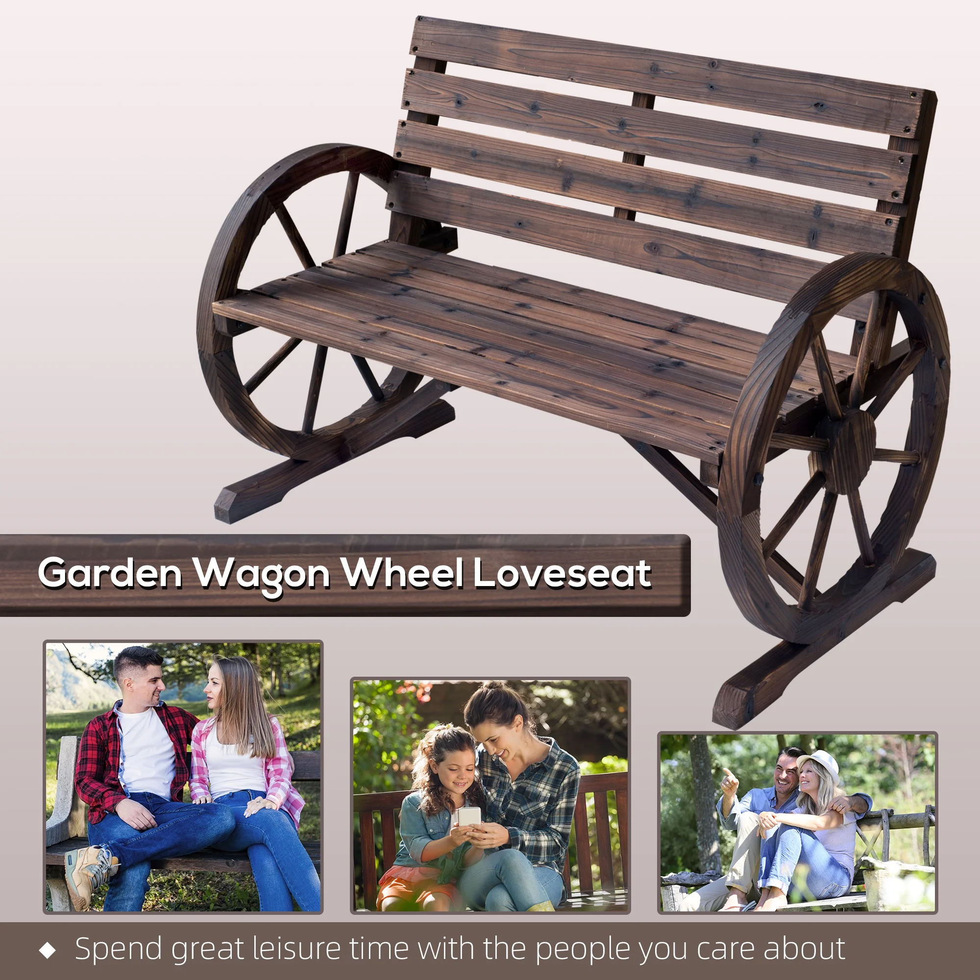 Outsunny Wooden Wagon Wheel Bench Rustic Outdoor Patio Furniture, 2-Person Seat Bench with Backrest Carbonized - Image 8