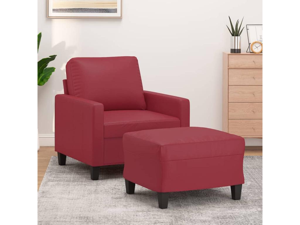 Sillón con taburete cuero sintético rojo tinto 60 cm