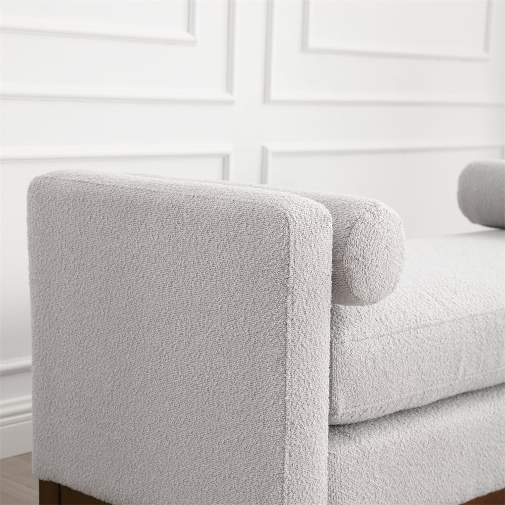53.5"W Elegant Upholstered Bench with Wood Legs & Round Pillows,Comfy Boucle Fabric Footrest with Arms, Entryway Bench for End of Bed, Bedroom and Living Room, Ivory - Image 13