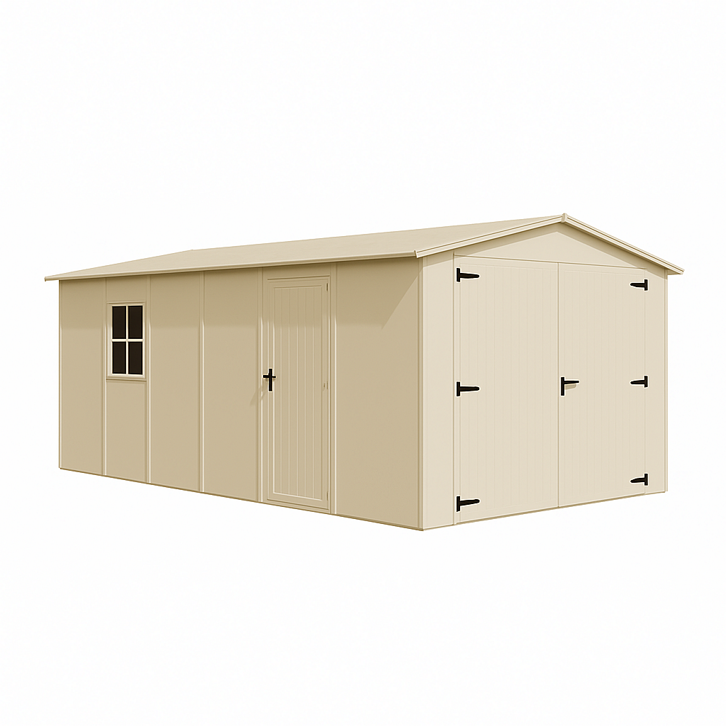 Garaje de madera, almacén exterior para coche y herramientas, beige claro