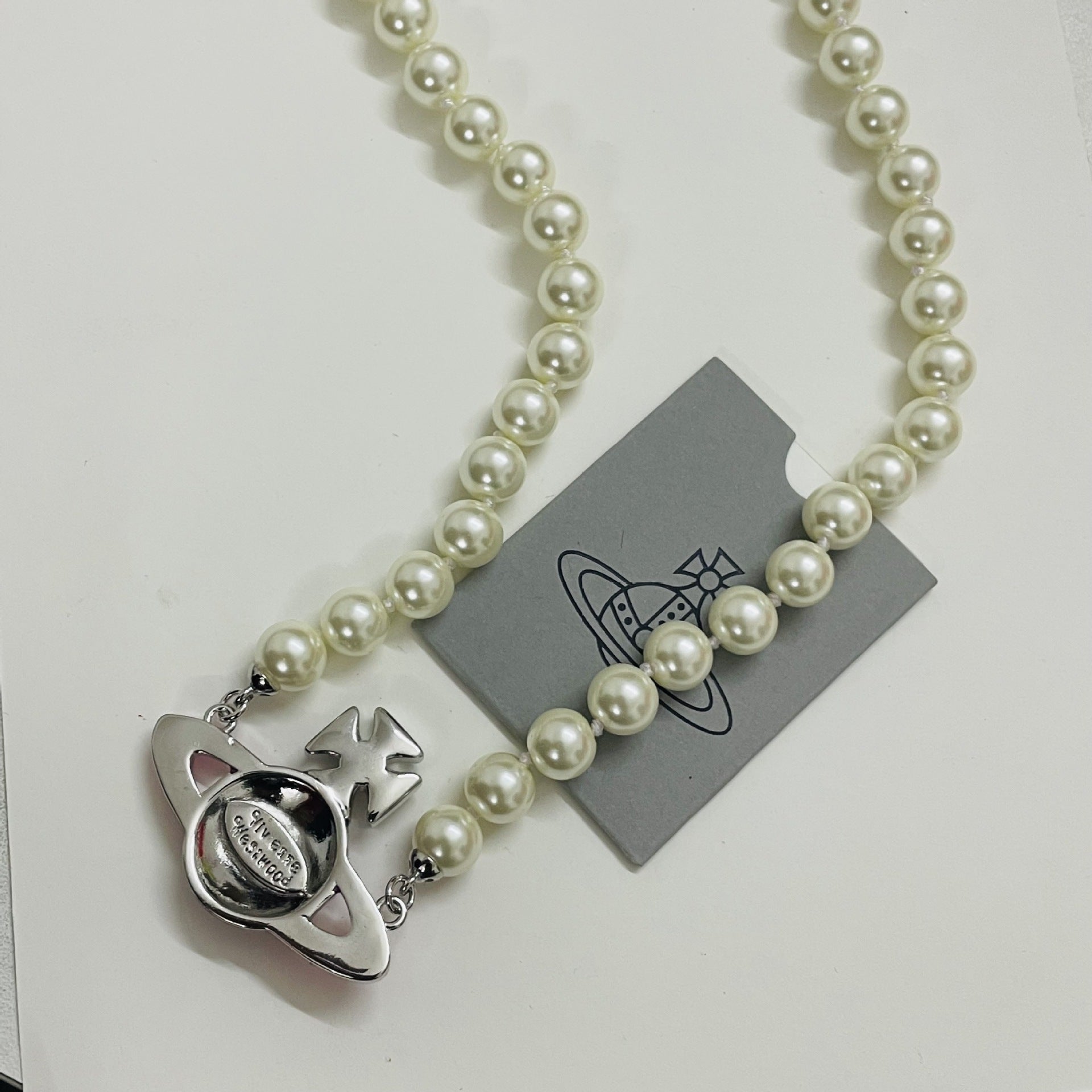Vivienne Westwood Pink Flat Saturn Pendant Pearl Necklace - Original Replica Club