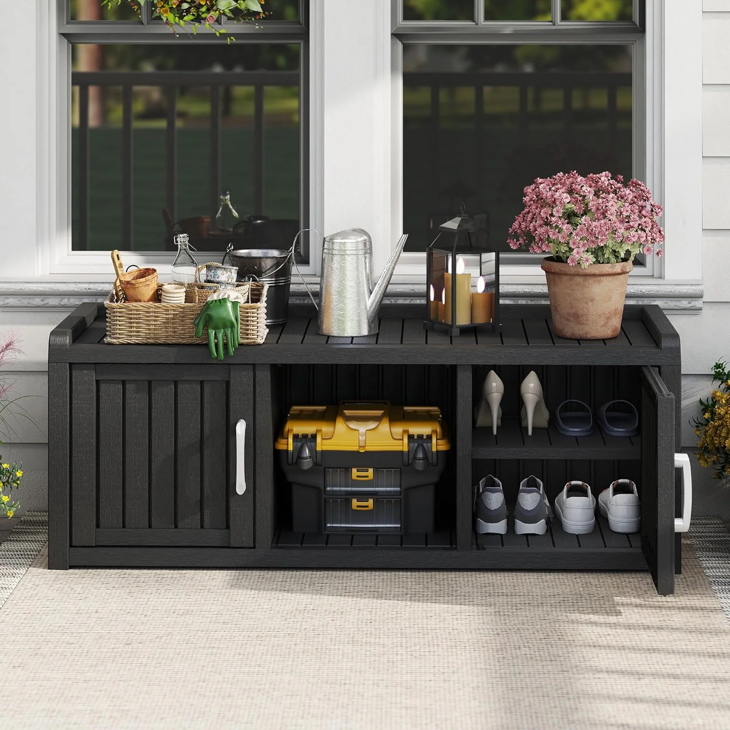 KAMABOKO Outdoor Shoe Storage Cabinet, Waterproof UV-Resistant Entryway Storage Bench Indoor Outdoor with 2 Barn Doors, Adjustable Shelves for Entryway, Bedroom, Hallway,Living Room(Black) - Image 12