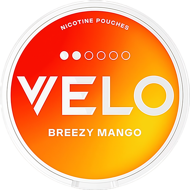 VELO Breezy Mango 6mg nicotine pouches — Slim Moist can with 20 normal-strength mango pouches