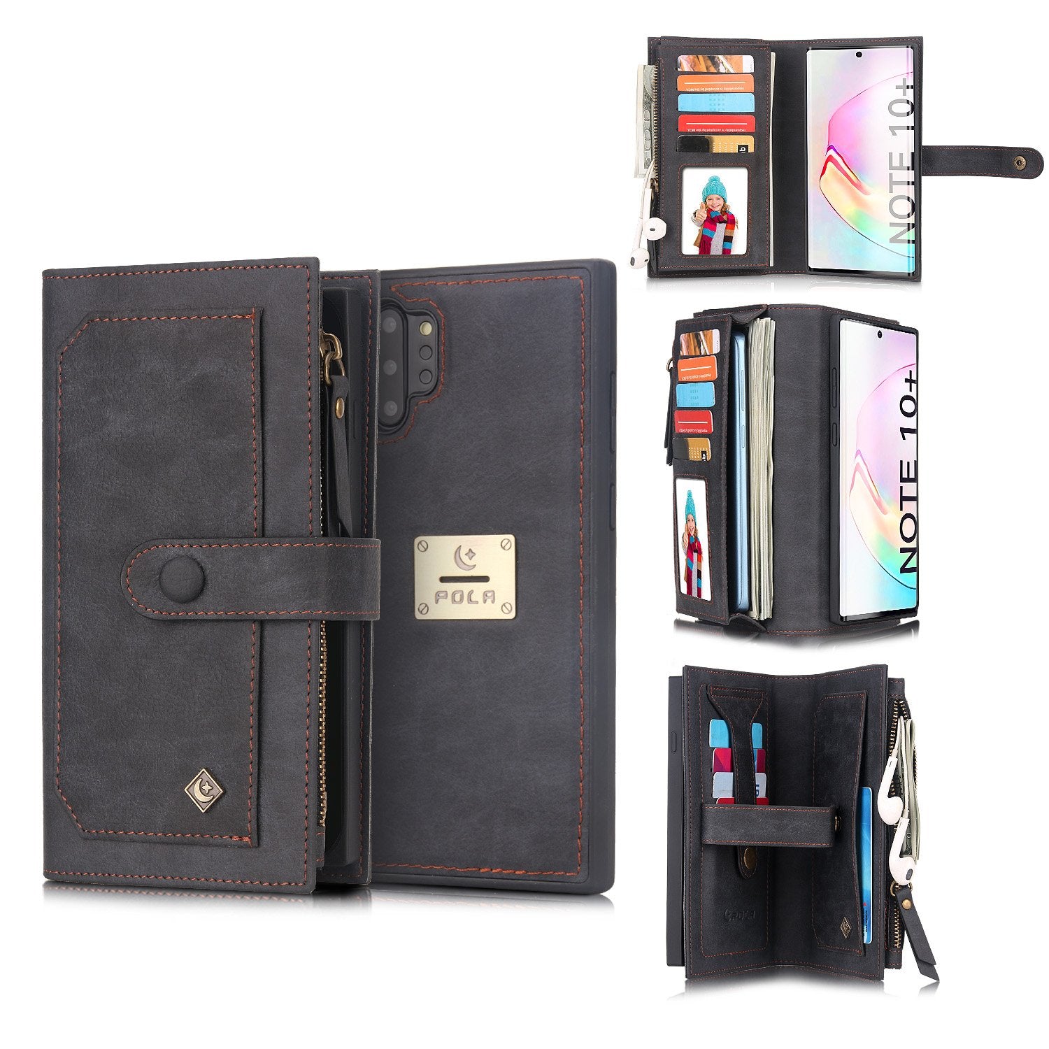 POLA Samsung Wallet Case , Leather Zipper Purse Detachable Magnetic 10 Card Slots Money Pocket Clutch Protection Back Cases Cover