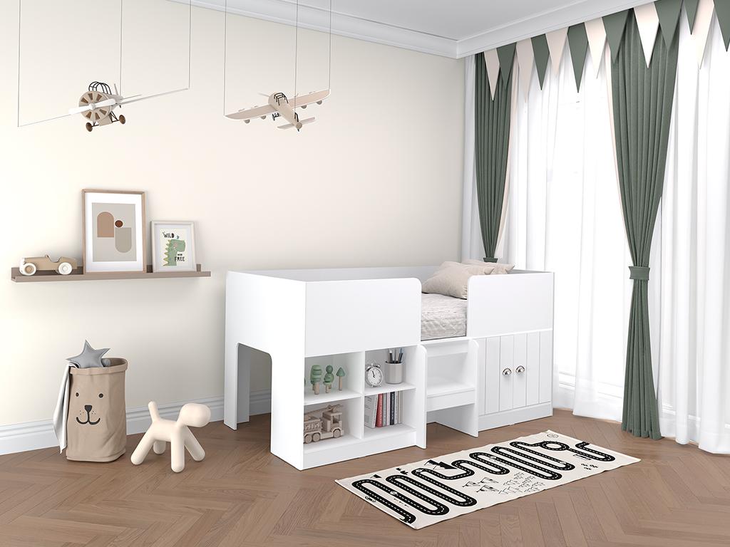 Cama alta con almacenamiento 90 x 190 cm - Color: Blanco - BOUTANIO