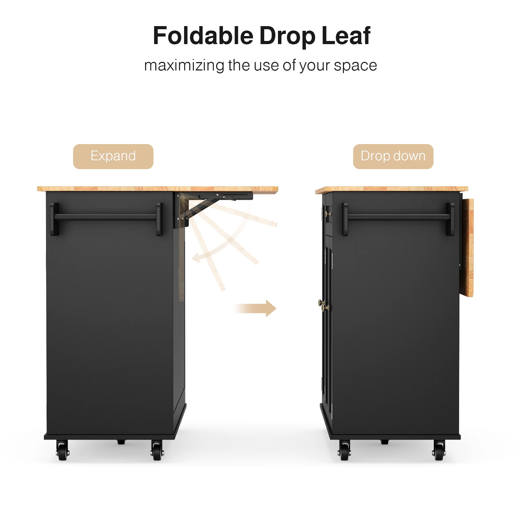 Noelse Kitchen Island with Storage, Island Table for Kitchen with Drop Leaf, Spice Rack, Towel Bar for Small Kitchens, White - Image 22