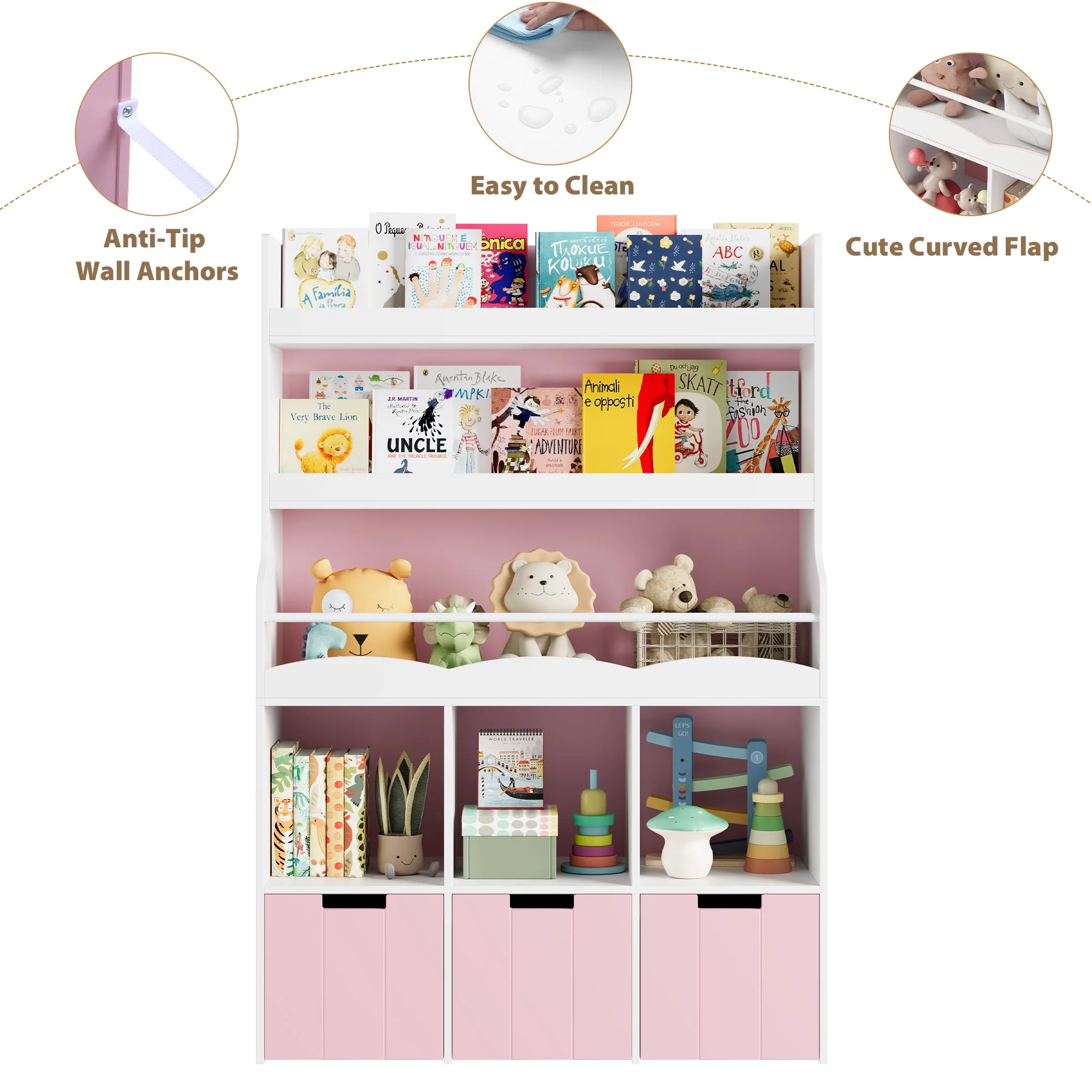 Homfa 55.5- H Kids Bookshelf with 2-Tier Book Shelves, Children Toy Organizer with 3 Cubes and Removable Drawers, White - Image 15