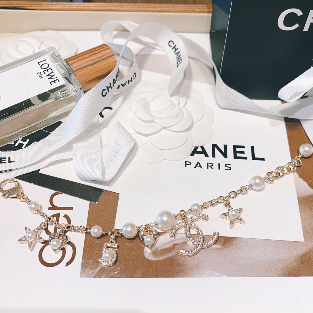 Chanel Chain Pearl Bracelet with Star Heart NO.5 CC Charms - Original Replica Club