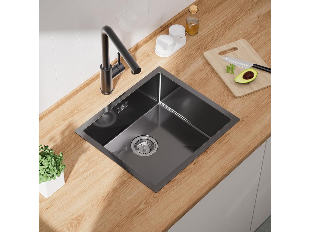 Mubdelu Fregadero de cocina 1 seno Fregadero de acero inoxidable 50*44CM Negro antracita + Grifo monomando con ducha extraíble, negro