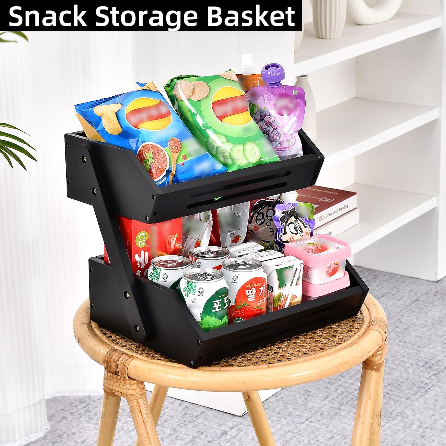VIKEYHOME Kitchen Organizer with 2-Tier Bamboo Fruit Basket – Large Capacity, Space-Saving Fruit & Veggie Stand for Countertop, Snack Holder, Natural & Sturdy 15mm Thick Design