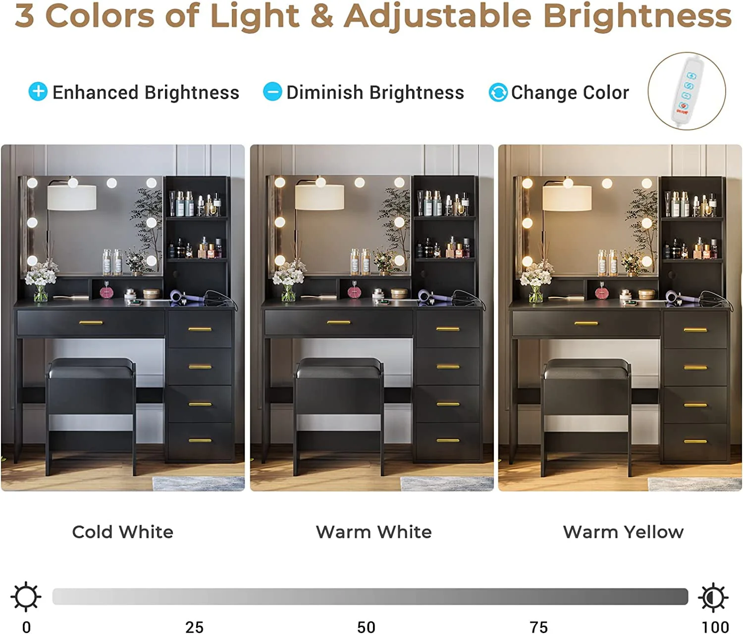 Black Vanity Set with Lights & Charging Station & Cushioned Stool, Modern Makeup Vanity Desk Table with Visible Drawers and Open Storage Shelves for Women Girls - Image 9