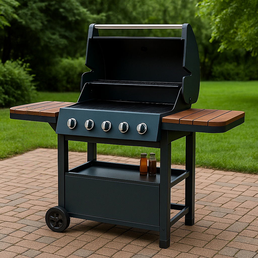 Parrilla de barbacoa, a gas con tapa y estantes laterales, color azul oscuro con madera
