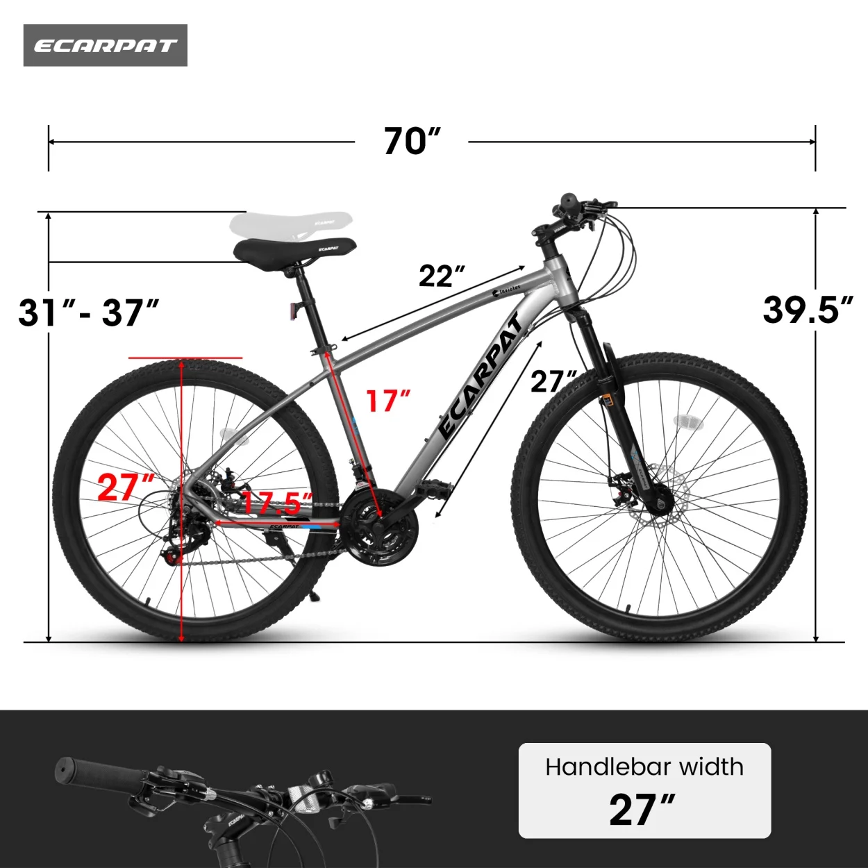 27 Inch Mountain Bike, 21 Speed Outdoor Cycling Bike with Suspension Fork, Adjustable Ergonomic Seat&Aluminum Frame Disc Brake, for Men Women Adult, Grey - Image 7