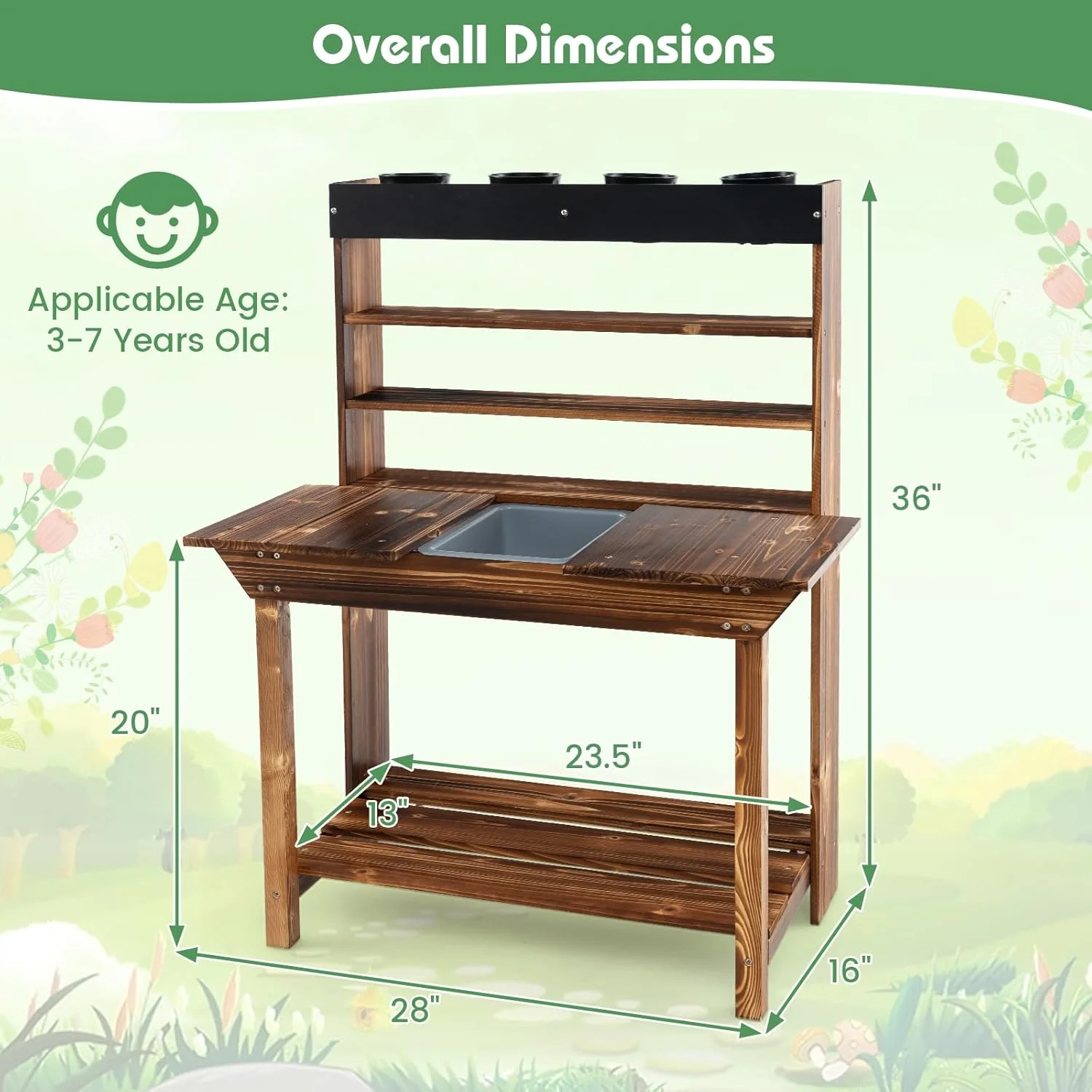 DORTALA Kids Potting Bench, Fir Wood Outdoor Mud Table with Removable Sink, 4 Pots, Chalkboard, Storage Shelves, Garden Kid Kitchen Playset, Mud Kitchen for Kids Outdoor - Image 7