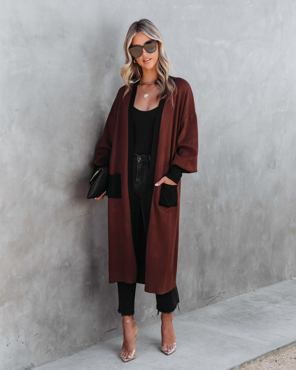 Weekend Errands Pocketed Duster Cardigan - Chocolate - Se7enfashion