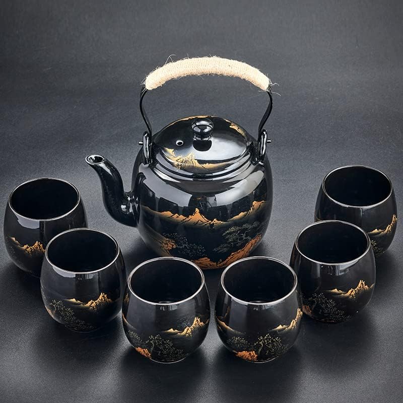 Gift Set Japanese Tea Set, Asian Black Glazed Ceramic Tea Set - Contains 1 Teapot, 1 Tea Strainer and 6 Teacups. Ideal for Home, Outdoor, Office (Blue2)