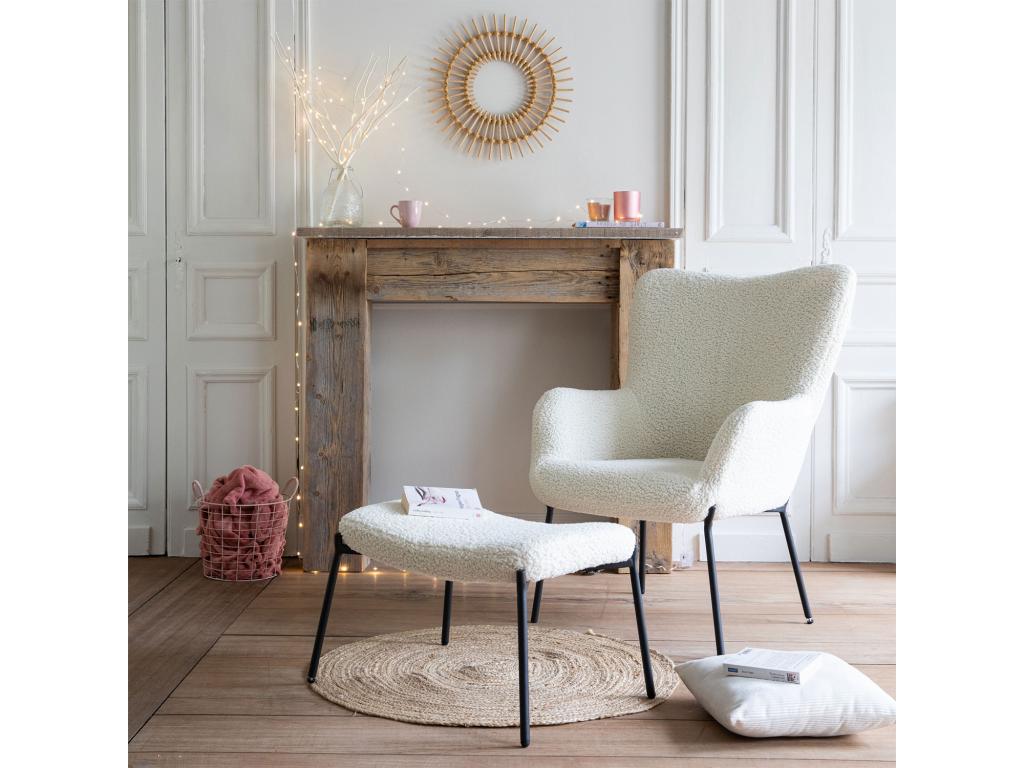 Sillón borreguito efecto lana rizada beige con reposapiés EIRA