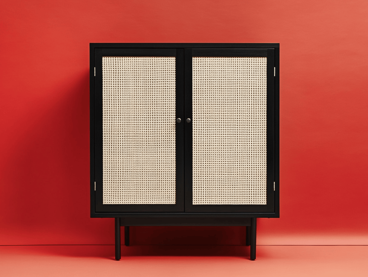 Armario negro con puertas de ratán – diseño moderno y elegante