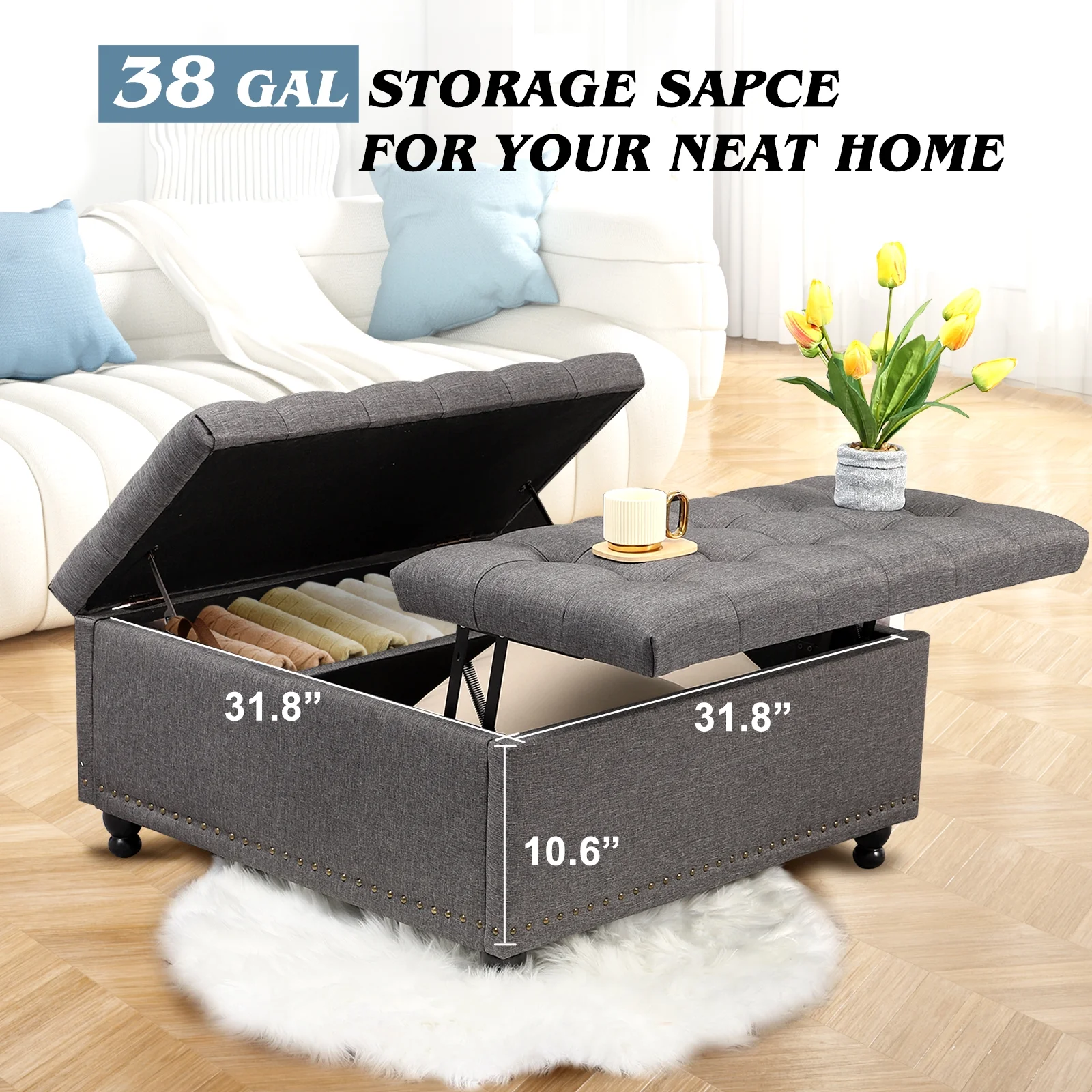 Magic Union 35" Large Square Storage Ottoman, Oversized Square Ottoman with Storage, Tufted Upholstered Ottoman Coffee Table with Lift Top for Living Room (Beige) - Image 8