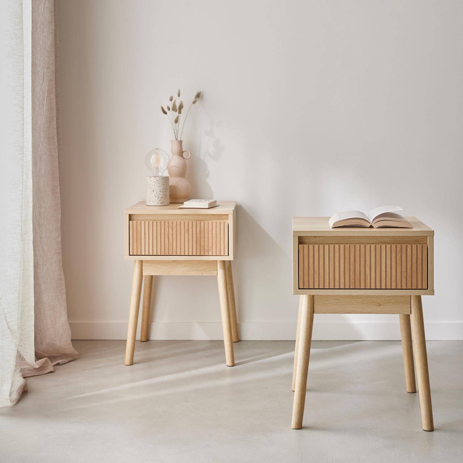 Linear - Mesita de noche  de 1 cajón con efecto madera, set de 2