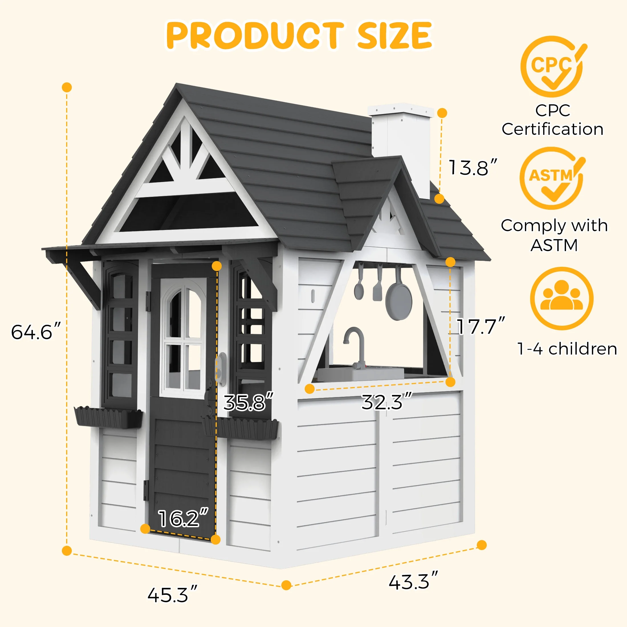 COCLUB Outdoor Playhouse for Kids Ages 4-8, Wooden Play House with Doorbell, Phone, Kitchen Toys, Outdoor Kids Play Equipment, Casa Para Ni?as (45-L x 65-H), White & Black - Image 11