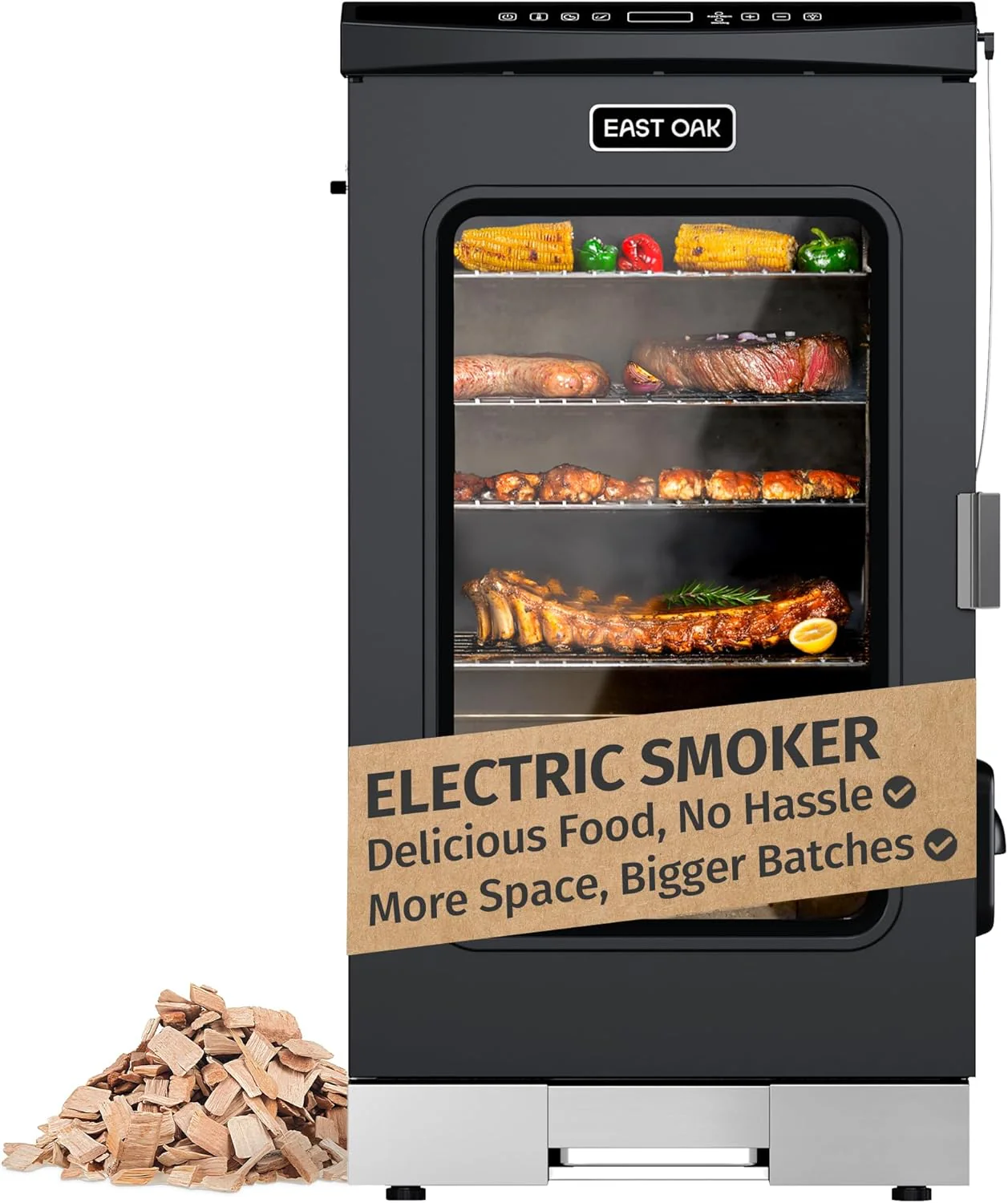 EAST OAK 30" Outdoor Electric Smoker | Built-in meat probe, smokes up to 6 times longer in a single load, side loader for uninterrupted smoking
