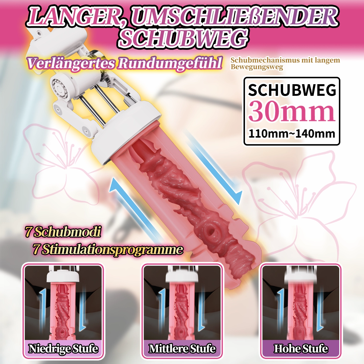 Hubmechanismus mit ca. 30 mm Bewegungsweg und sieben wählbaren Modi