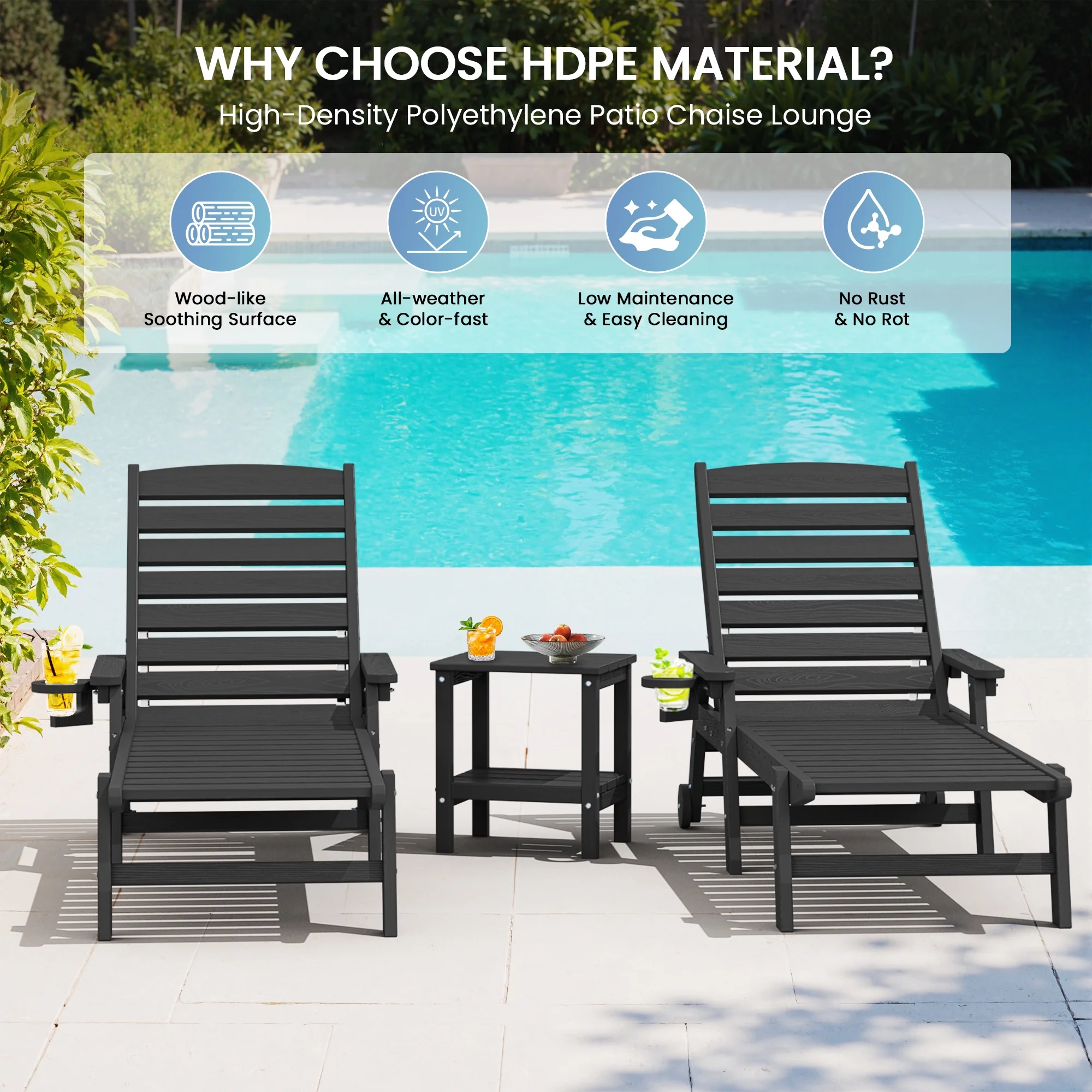 SERWALL Patio Chaise Lounge Chair, 78'' HDPE Outdoor Lounge Chair 5 Positions Pool Lounger Navy Blue - Image 82