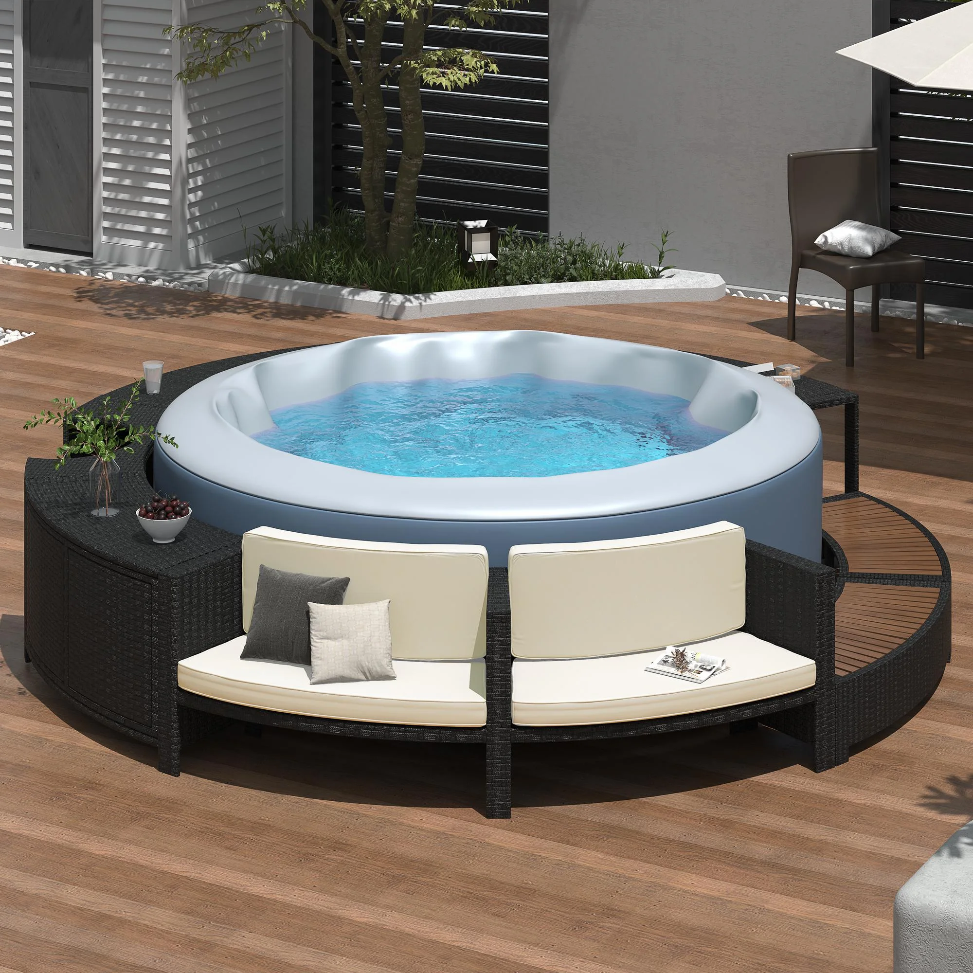 Round Hot Tub Surround Furniture, Spa Surround Outdoor Rattan Sectional Sofa Set with Mini Sofa, Solid Acacia Wood Hot Tub Storage Surround Patio Furniture Set, Gray Cushion - Image 25