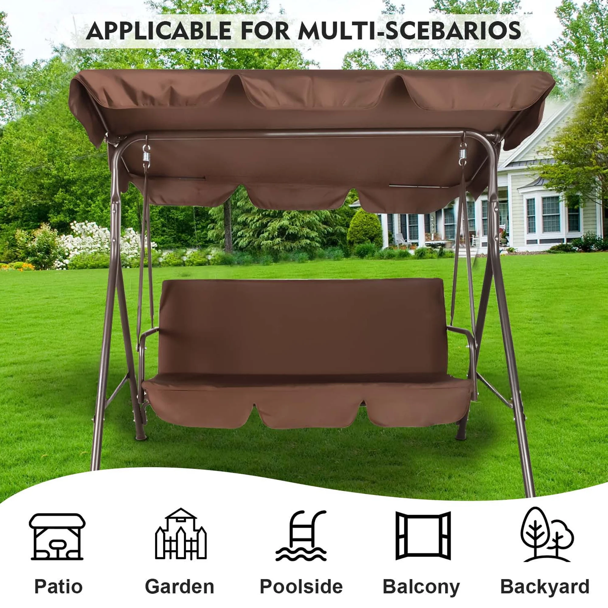 GVDV 3-Seat Steel Porch Paito Swing with Stand,Outdoor Swing Chair with Canopy,Yard swing&Outside swing,Canopy Swing-Brown - Image 2