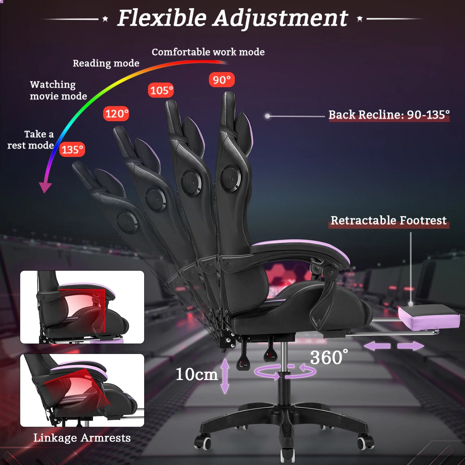 Hoffree Gaming Chair with Speakers PU Leather Office Chair with Footrest and LED Lights Ergonomic Gamer Chair with Massage Lumbar Support and Headrest Adjustable Swivel for Home Office 300lb - Image 51