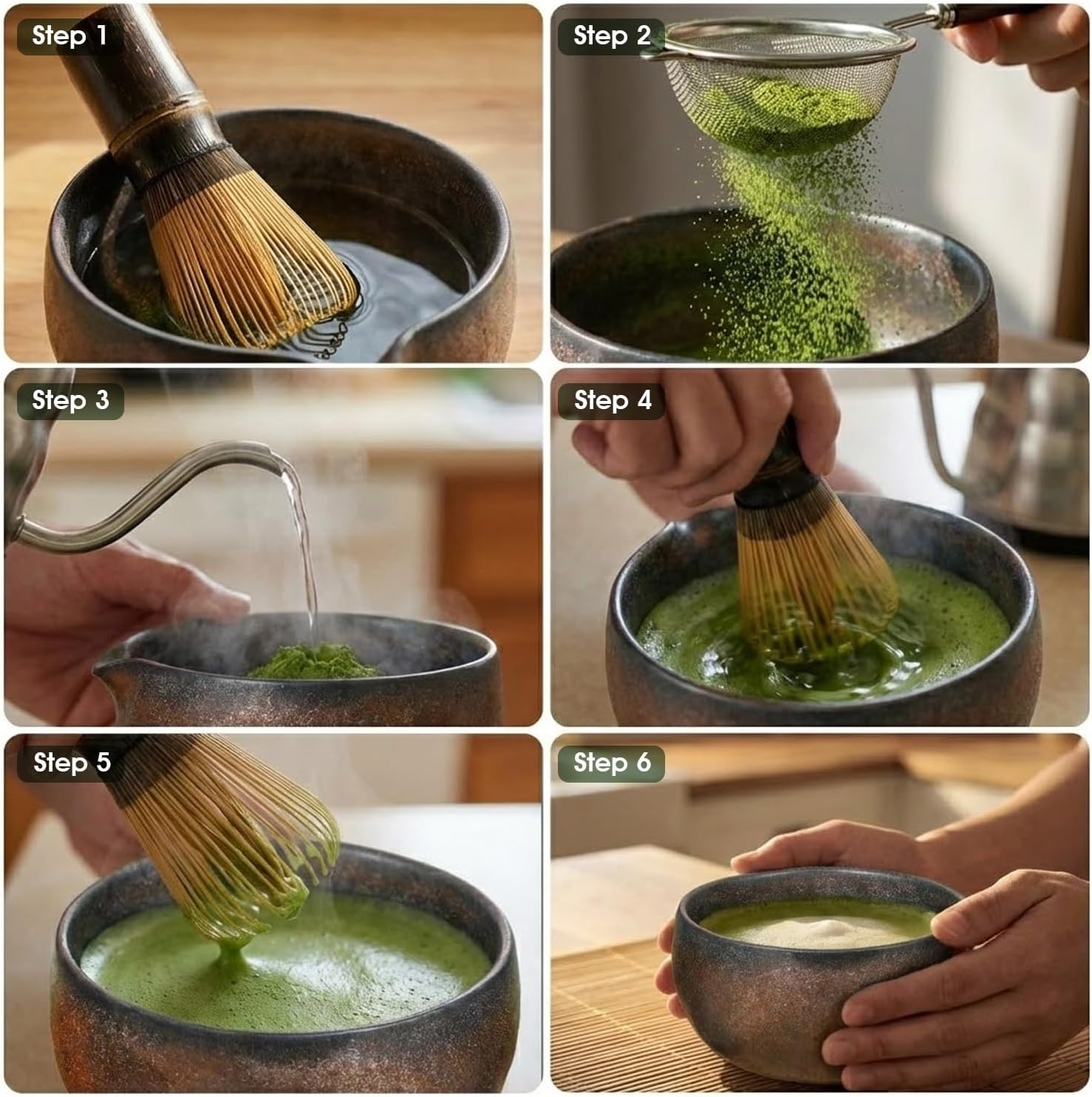 Matcha Whisk Set 7-Piece with Handmade Matcha Bowl & 100-Prong Purple Bamboo Whisk (Chasen), Complete Matcha Kit with Holder, Scoop & Rest, Bamboo Tea Mat, Gift-Ready Matcha Set