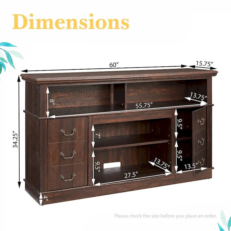 60-Inch Retro TV Stand Entertainment Center with 2 Cabinets and Open Shelves - Dimensions: 60W x 15.75D x 34.25H