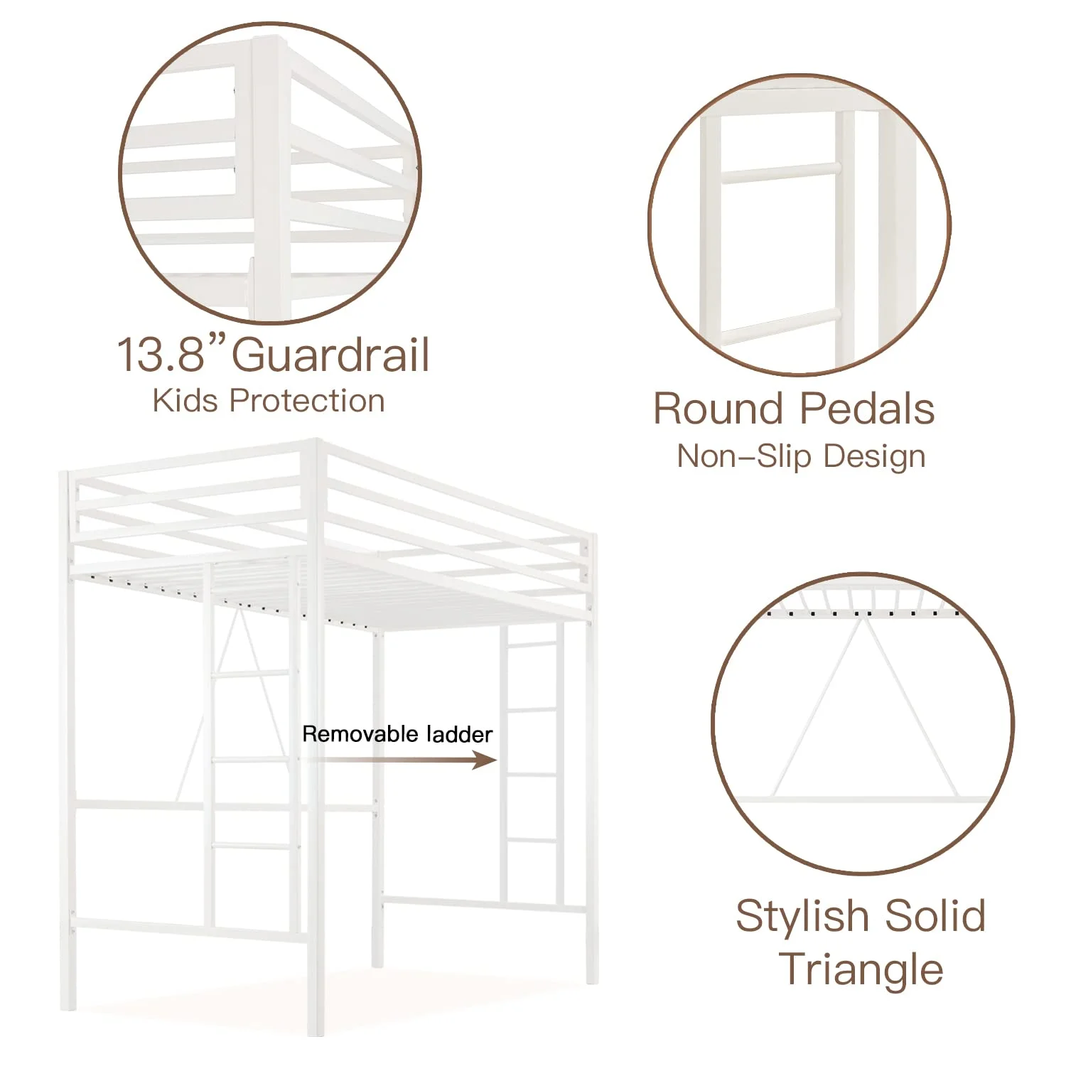 Einfach Metal Twin Size Loft Bed with Removable Ladder & Full-Length Guardrail, White - Image 10